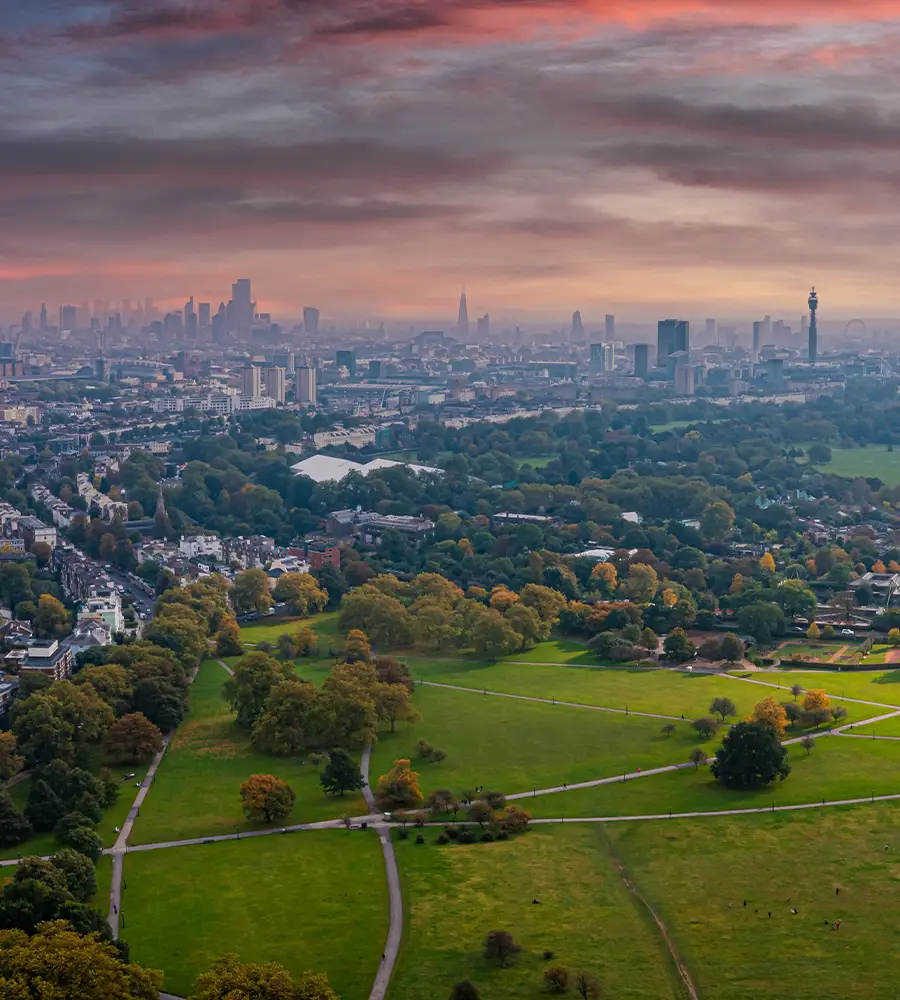 An aerial view of the London Skyline across a beautiful, green London park | IIG Estates