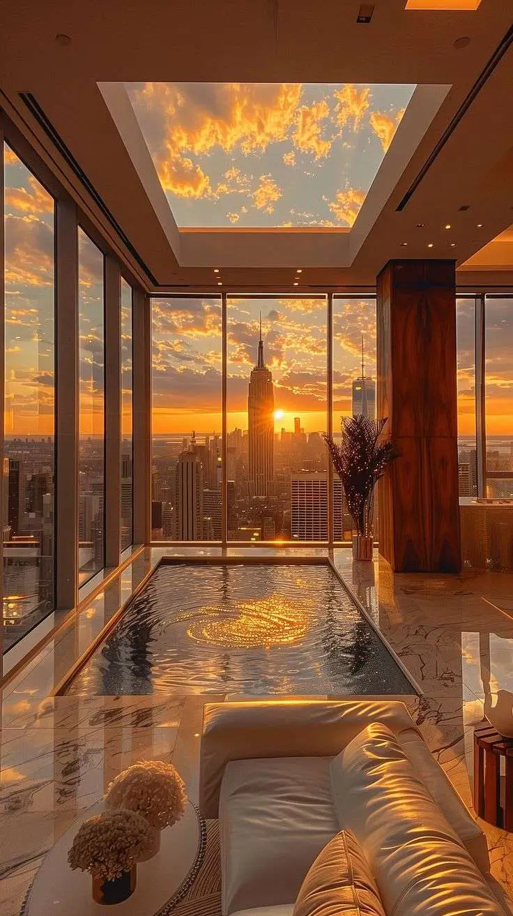 Luxury apartment interior with a pool and view across the city at sunset | IIG Estates